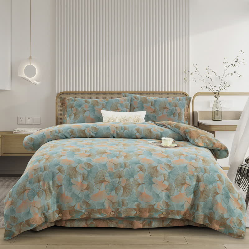 Parure de lit en coton avec feuilles de ginkgo et boutons (4 pièces) - Bleu-vert et jaune gingembre - ensemble de literie - 220 cm x 240 cm + 245 cm x 270 cm + 48 cm x 74 cm - image 44