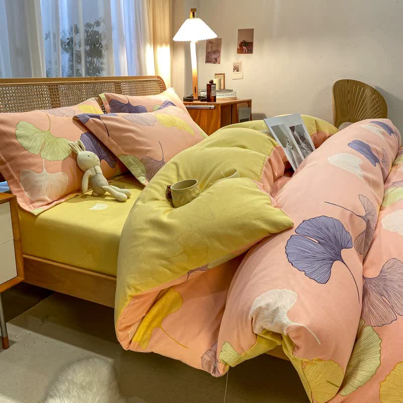 Linge de lit en coton brossé avec feuilles de ginkgo de style campagnard