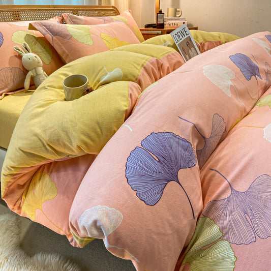 Linge de lit en coton brossé avec feuilles de ginkgo de style campagnard