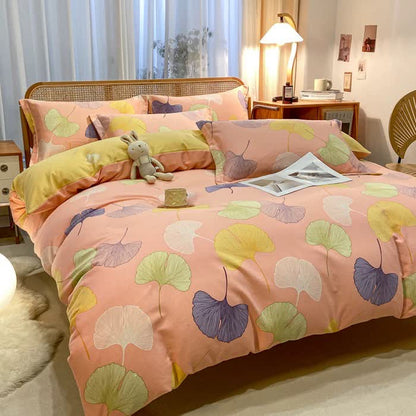 Linge de lit en coton brossé avec feuilles de ginkgo de style campagnard
