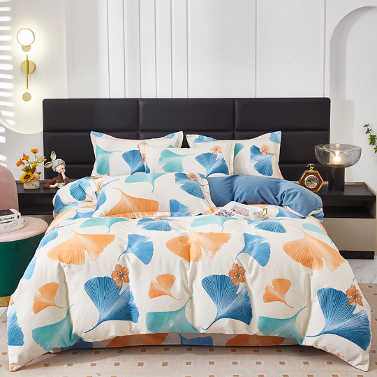 Parure de lit rurale en coton à motif feuilles de ginkgo (4 pièces)