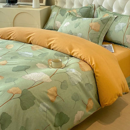 Parure de lit en coton brossé motif feuilles de ginkgo (4 pièces)