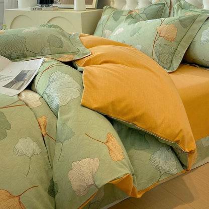 Parure de lit en coton brossé motif feuilles de ginkgo (4 pièces)