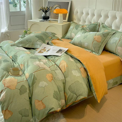 Parure de lit en coton brossé motif feuilles de ginkgo (4 pièces)