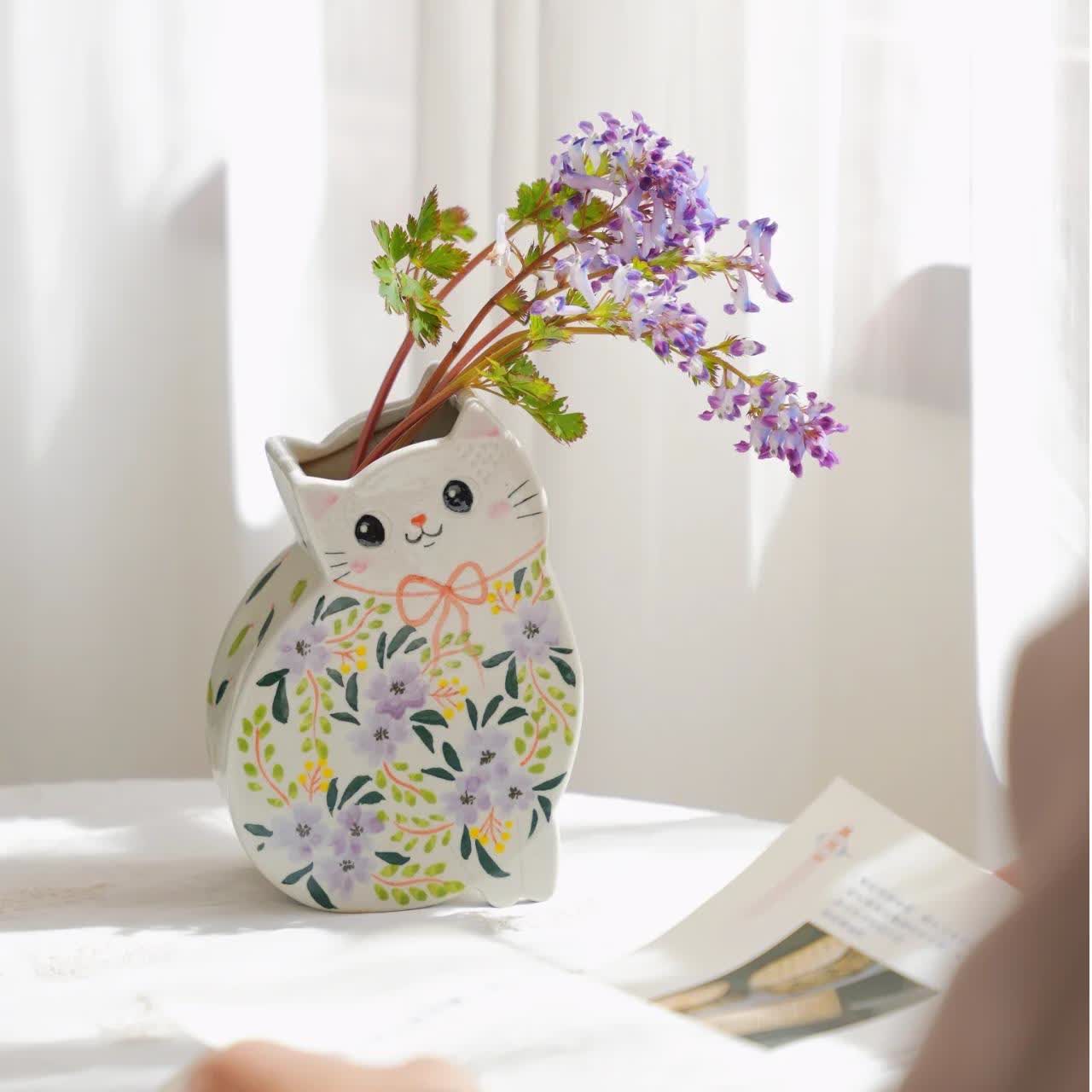 Vase créatif en céramique peint à la main en forme de chat