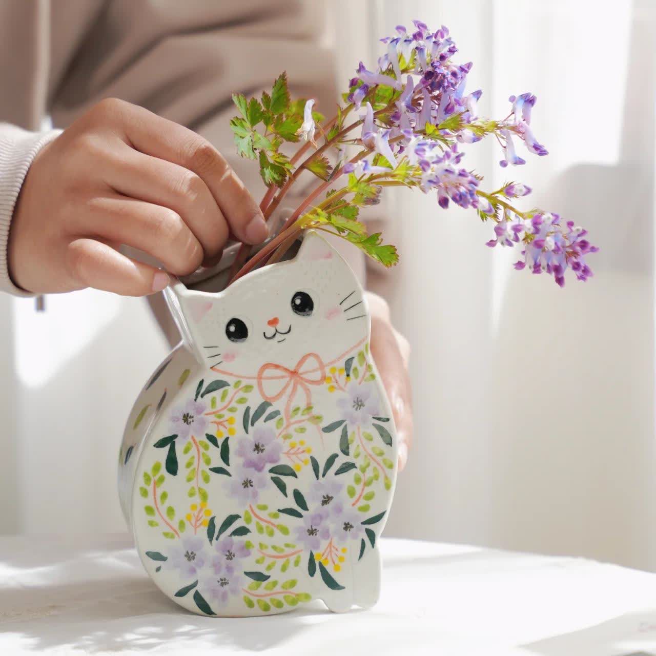 Vase créatif en céramique peint à la main en forme de chat