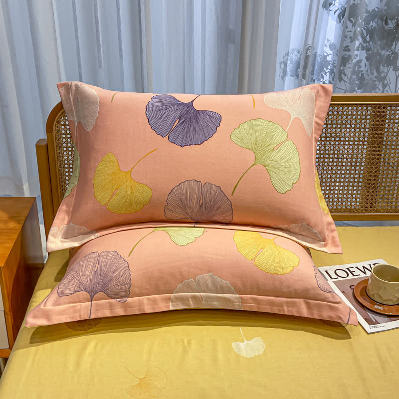 Linge de lit en coton brossé avec feuilles de ginkgo de style campagnard