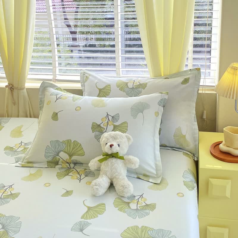 Linge de lit rafraîchissant en feuilles de ginkgo en pur coton