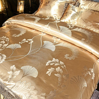 Parure de lit avec jupe de lit en satin et feuilles de ginkgo (4 pièces)