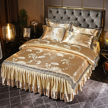 Parure de lit avec jupe de lit en satin et feuilles de ginkgo (4 pièces)