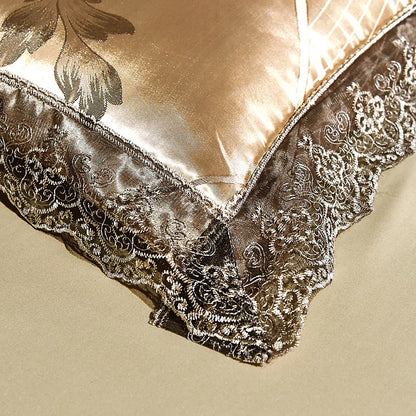 Parure de lit avec jupe de lit en satin et feuilles de ginkgo (4 pièces)