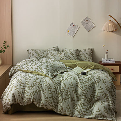 Parure de lit en coton avec taies d'oreiller et boutons à motif de feuilles vertes (4 pièces)