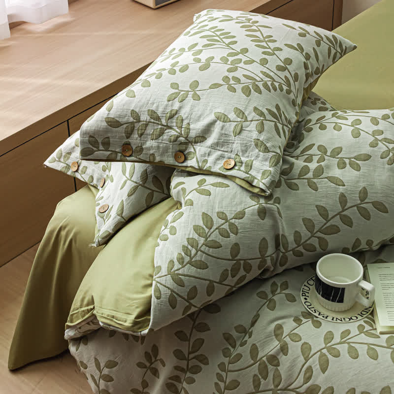 Parure de lit en coton avec taies d'oreiller et boutons à motif de feuilles vertes (4 pièces)