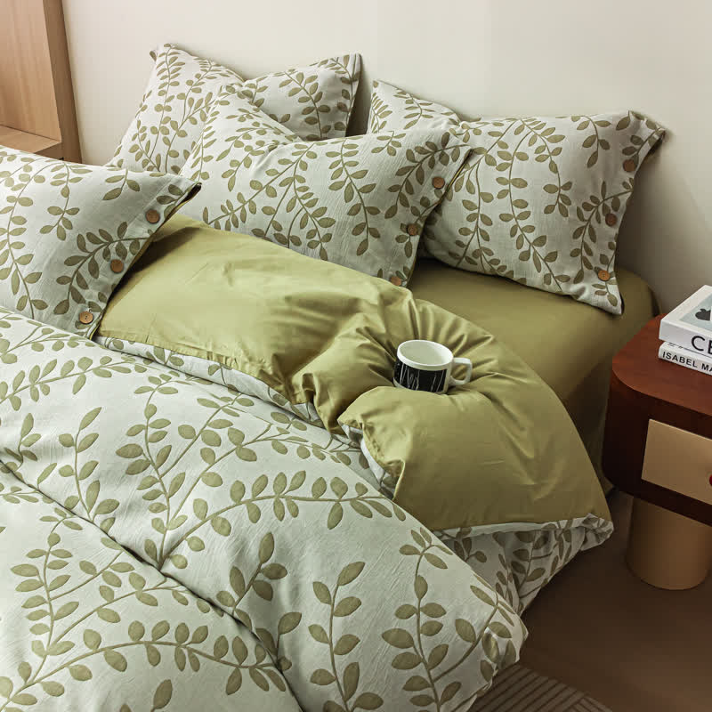 Parure de lit en coton avec taies d'oreiller et boutons à motif de feuilles vertes (4 pièces)