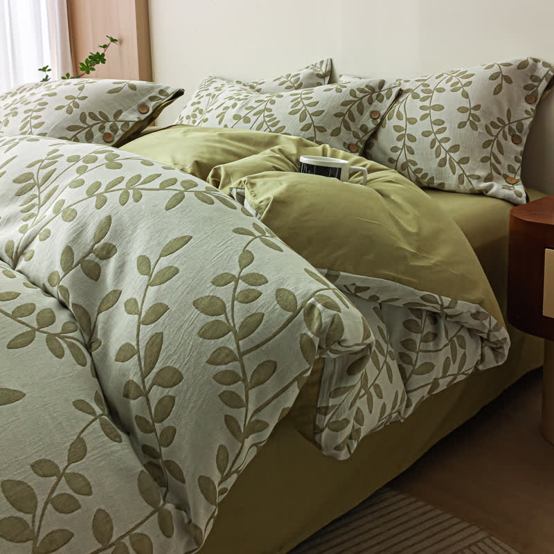 Parure de lit en coton avec taies d'oreiller et boutons à motif de feuilles vertes (4 pièces)