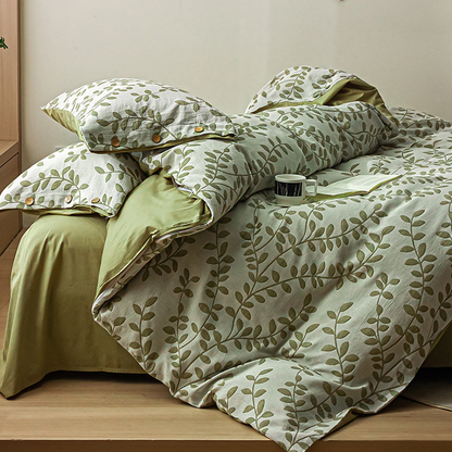 Parure de lit en coton avec taies d'oreiller et boutons à motif de feuilles vertes (4 pièces)