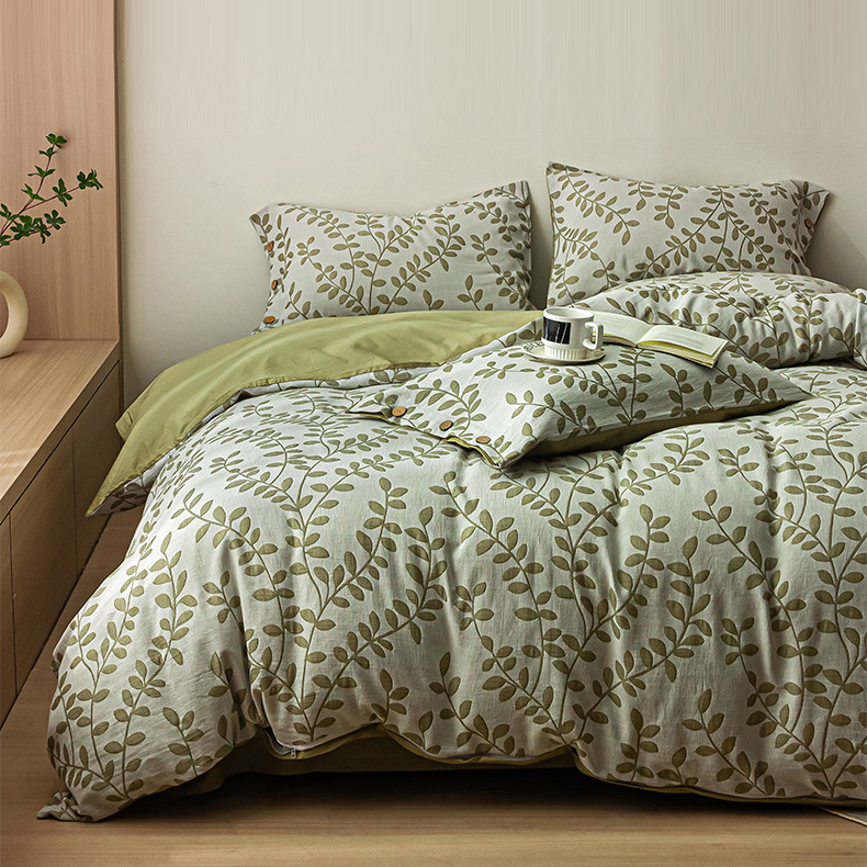 Parure de lit en coton avec taies d'oreiller et boutons à motif de feuilles vertes (4 pièces)
