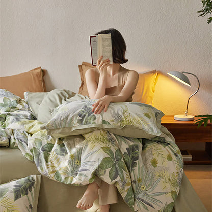 Parure de lit luxueuse en coton avec des feuilles luxuriantes (4 pièces)