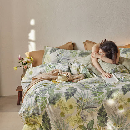 Parure de lit luxueuse en coton avec des feuilles luxuriantes (4 pièces)