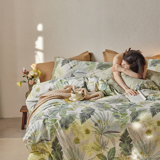 Parure de lit luxueuse en coton avec des feuilles luxuriantes (4 pièces)