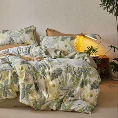 Parure de lit luxueuse en coton avec des feuilles luxuriantes (4 pièces)