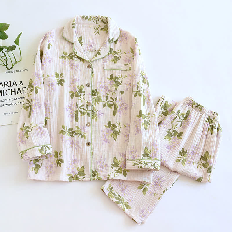 Ensemble pyjama confortable en gaze de coton à manches longues