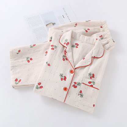 Ensemble pyjama en gaze de coton fraise