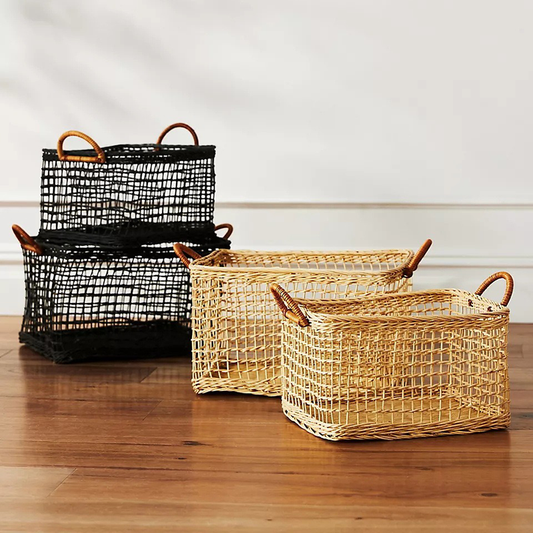 Panier de rangement en rotin tressé avec poignée creuse