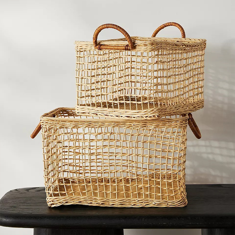Panier de rangement en rotin tressé avec poignée creuse
