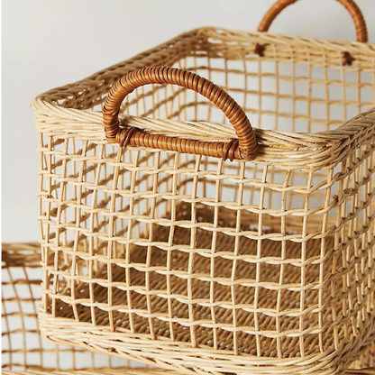 Panier de rangement en rotin tressé avec poignée creuse