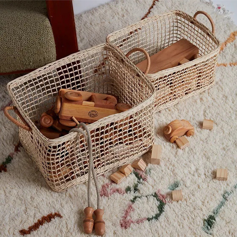 Panier de rangement en rotin tressé avec poignée creuse