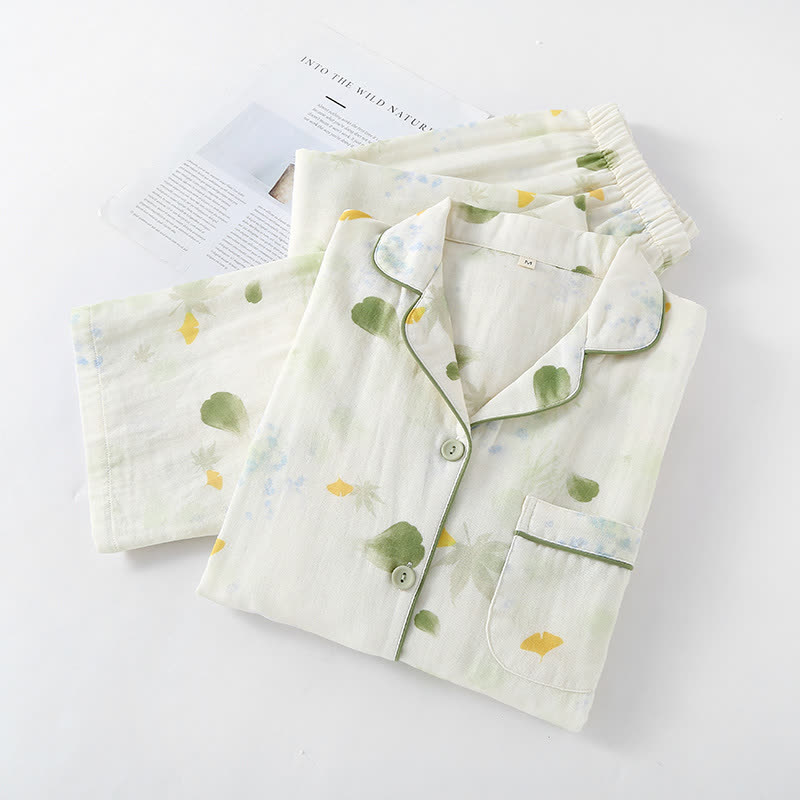 Ensemble pyjama en gaze de coton à imprimé feuilles rurales
