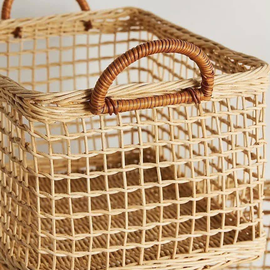 Panier de rangement en rotin tressé avec poignée creuse