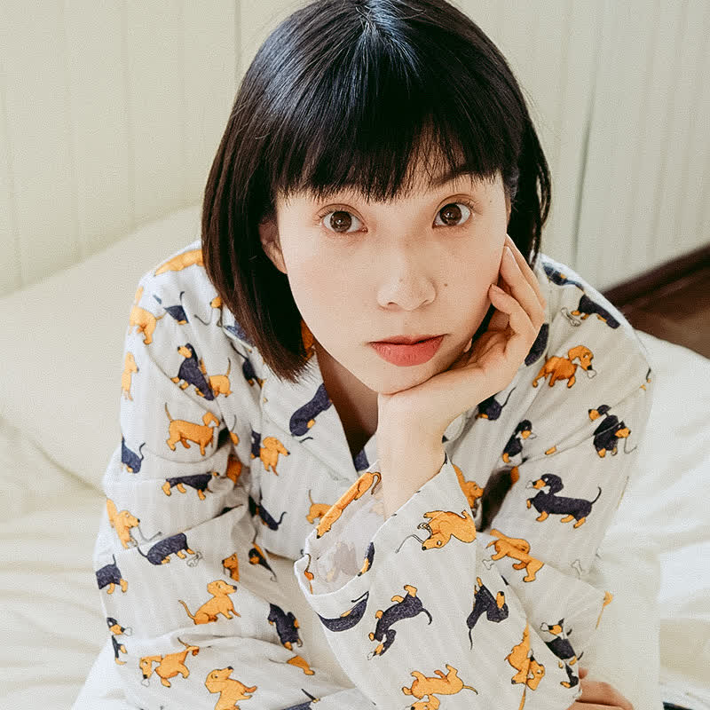 Ensemble pyjama pour couple en coton brossé motif teckel