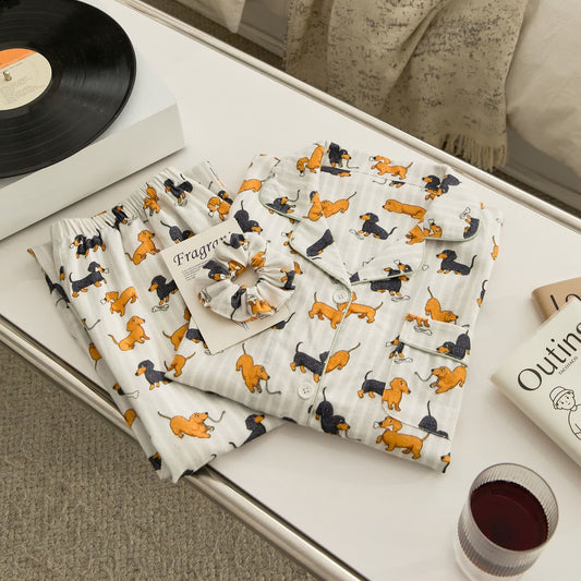 Ensemble pyjama pour couple en coton brossé motif teckel