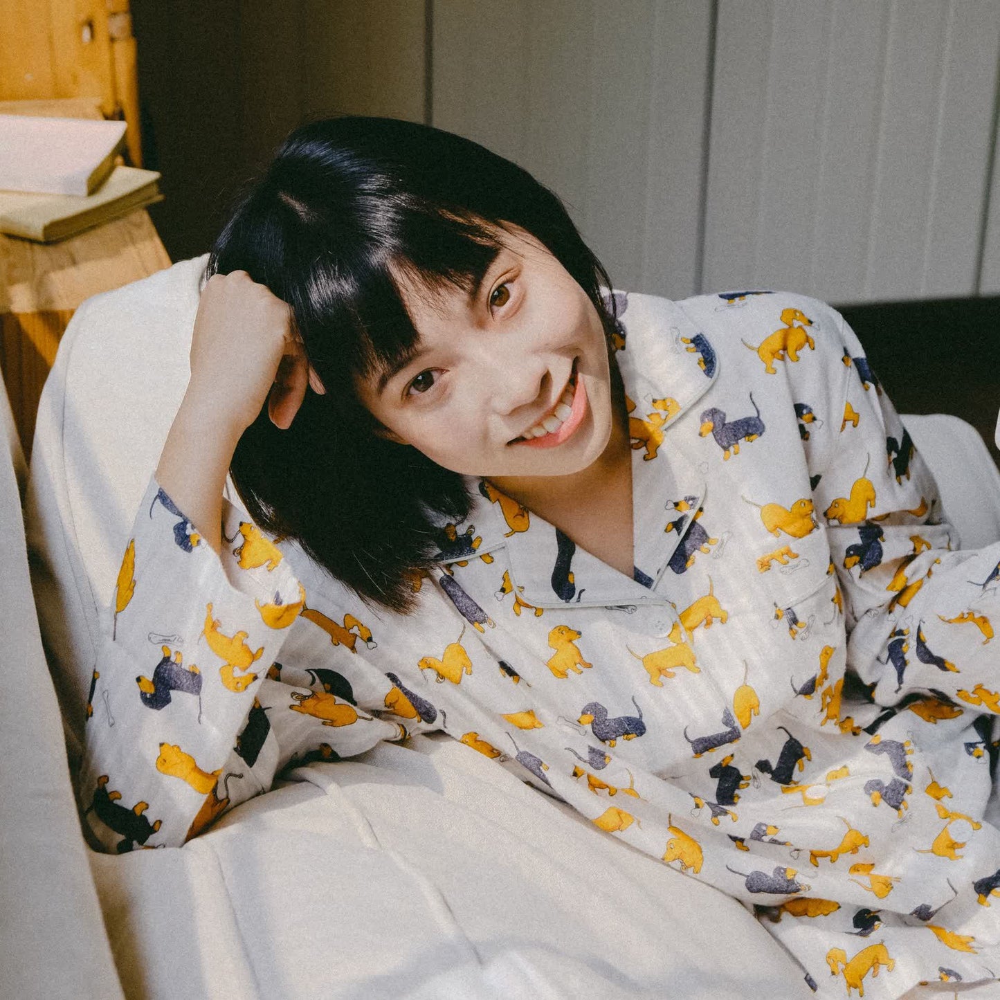 Ensemble pyjama pour couple en coton brossé motif teckel