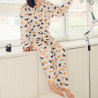 Ensemble pyjama pour couple en coton brossé motif teckel
