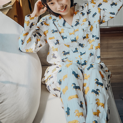 Ensemble pyjama pour couple en coton brossé motif teckel