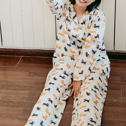 Ensemble pyjama pour couple en coton brossé motif teckel