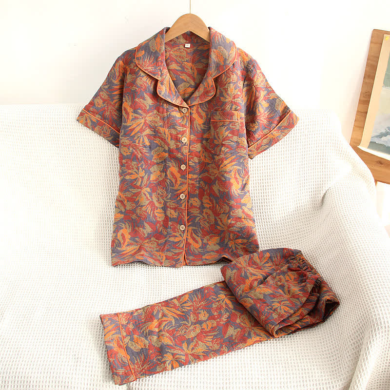 Ensemble pyjama en gaze de coton à motif feuilles rétro