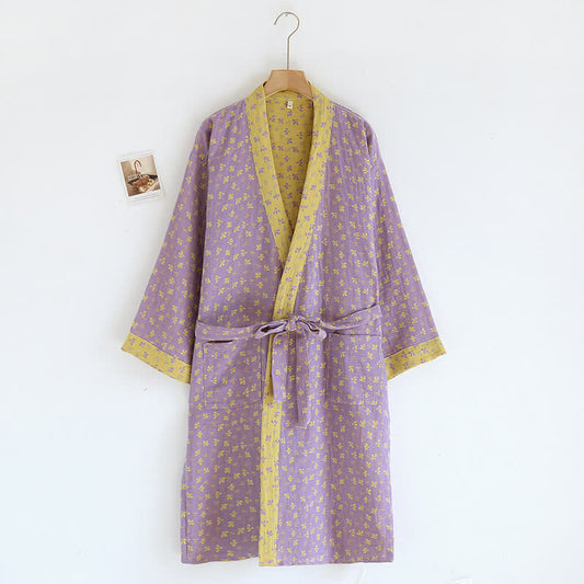 Peignoir kimono en gaze de coton à motif floral jacquard