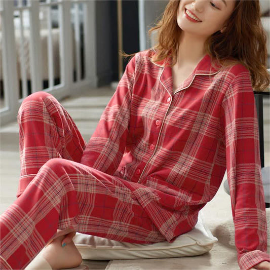 Ensemble pyjama en coton à motif quadrillé et manches longues