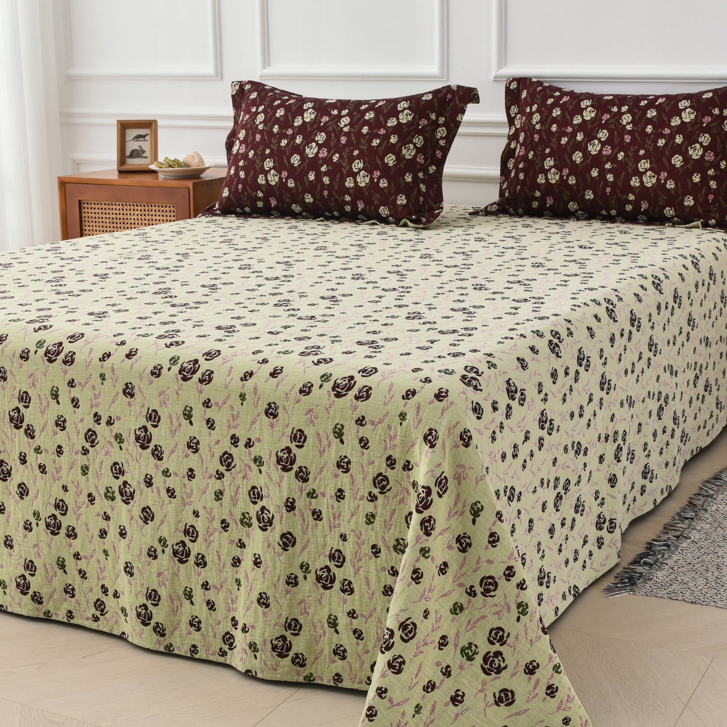 Parure de lit réversible en gaze de coton à motif rose (4 pièces)