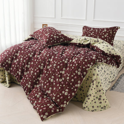 Parure de lit réversible en gaze de coton à motif rose (4 pièces)