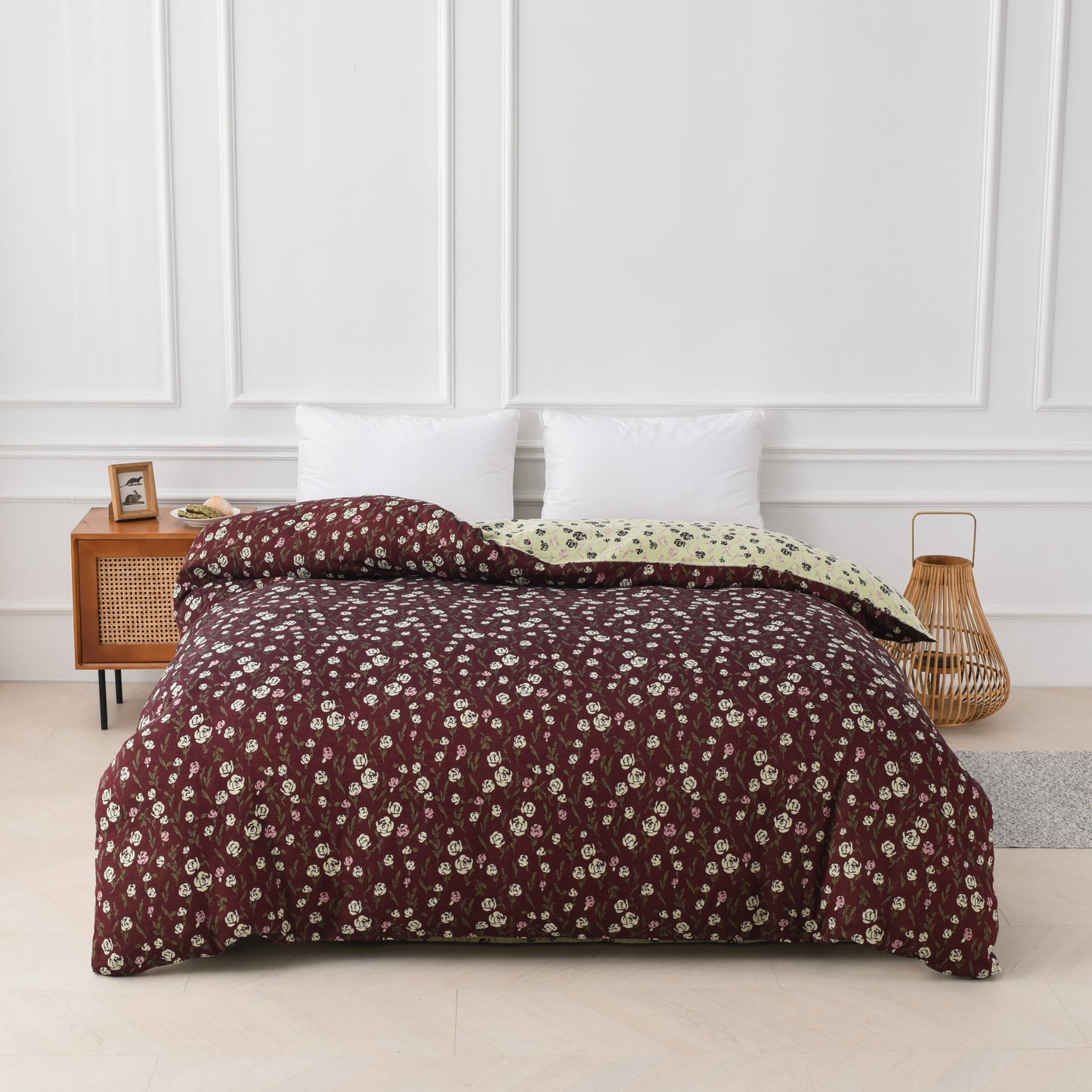 Parure de lit réversible en gaze de coton à motif rose (4 pièces)