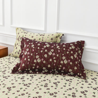 Parure de lit réversible en gaze de coton à motif rose (4 pièces)