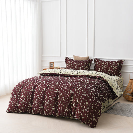 Parure de lit réversible en gaze de coton à motif rose (4 pièces)
