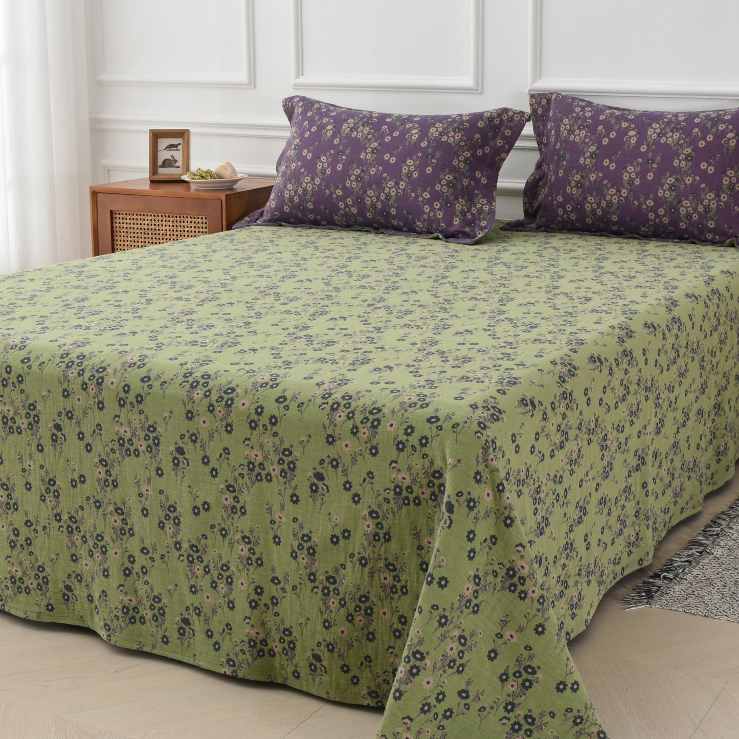 Parure de lit réversible en gaze de coton à motif floral (4 pièces)