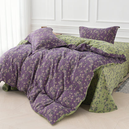 Parure de lit réversible en gaze de coton à motif floral (4 pièces)