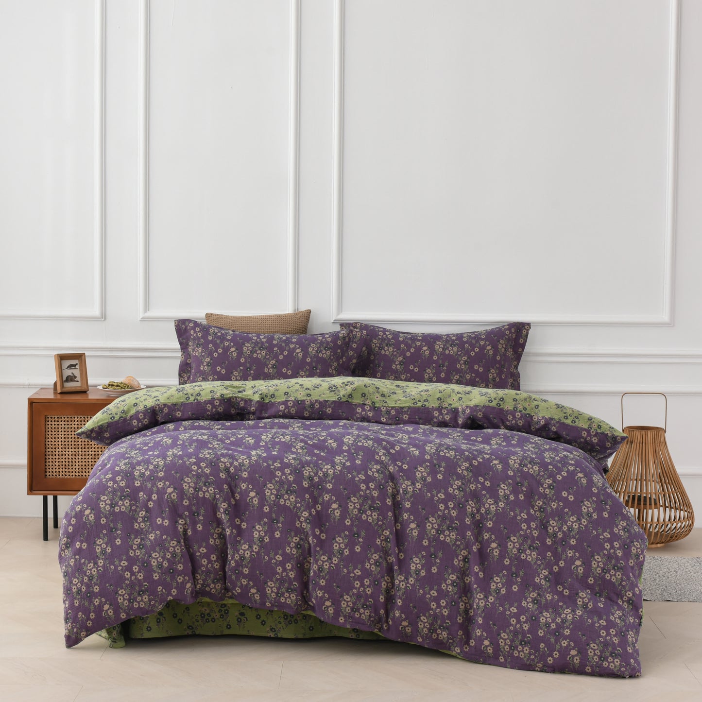 Parure de lit réversible en gaze de coton à motif floral (4 pièces)